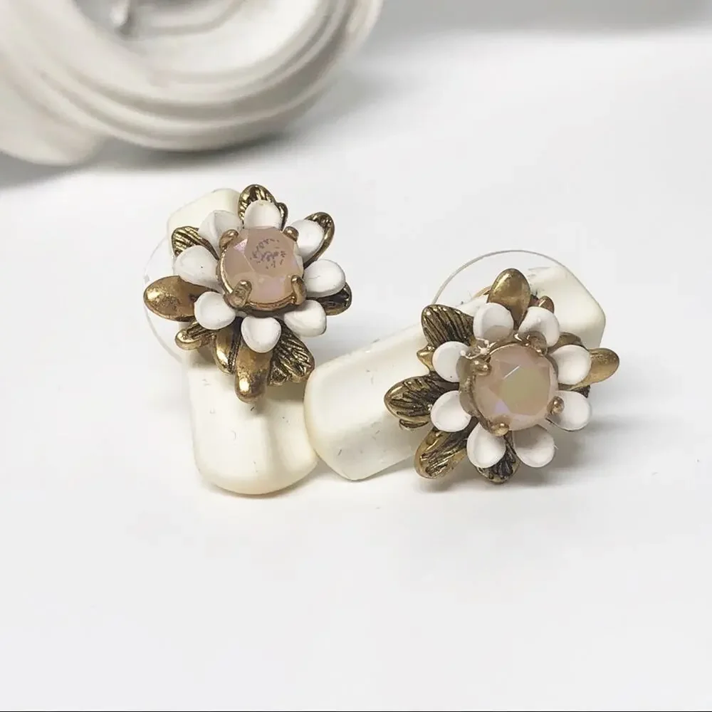 Upcycled J. Crew Tan & White Flower Stud Earrings